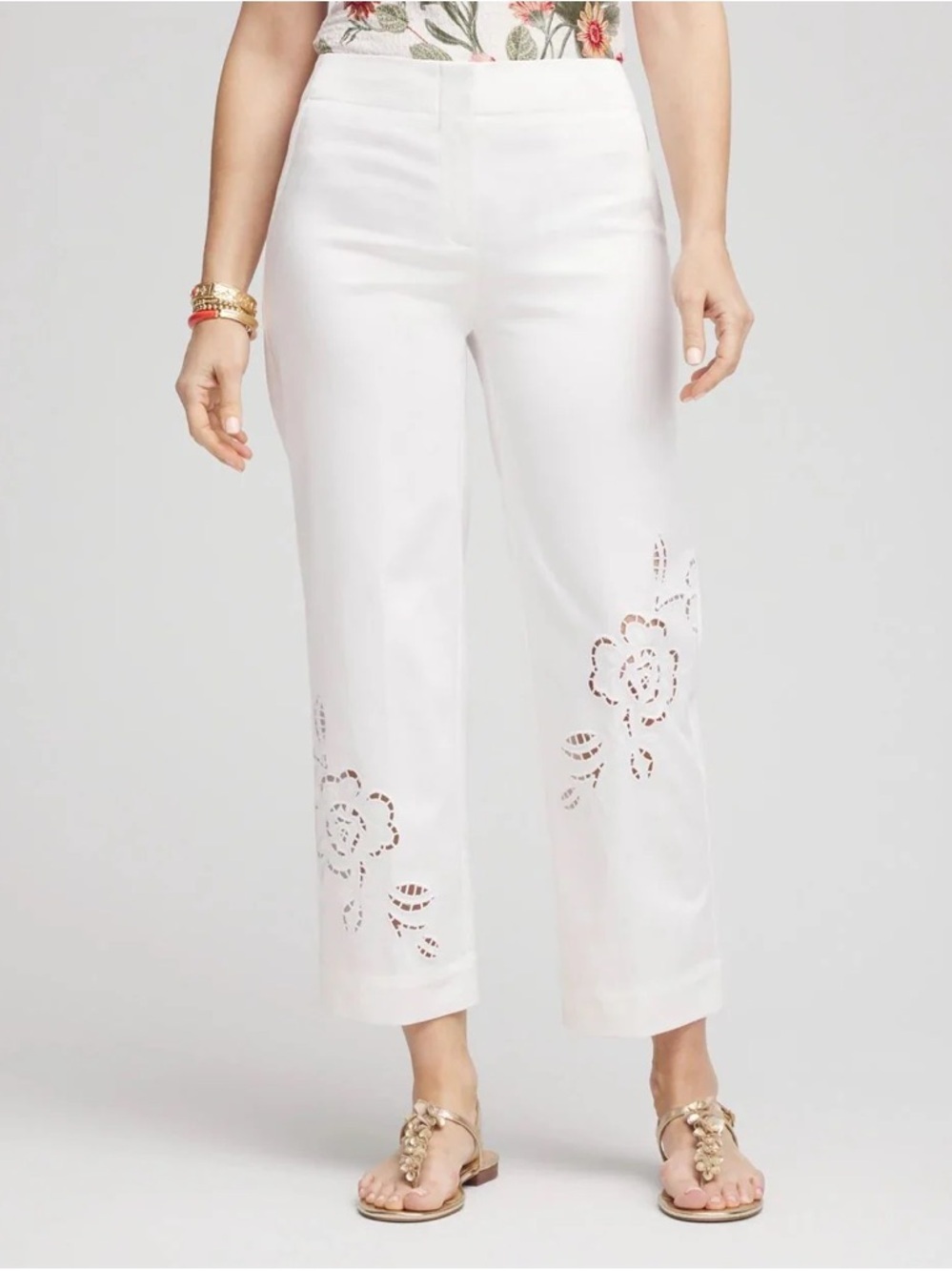 NEW with Tag Chico’s Women's White Eyelet Crop Pants with Elegant Floral Cutwork